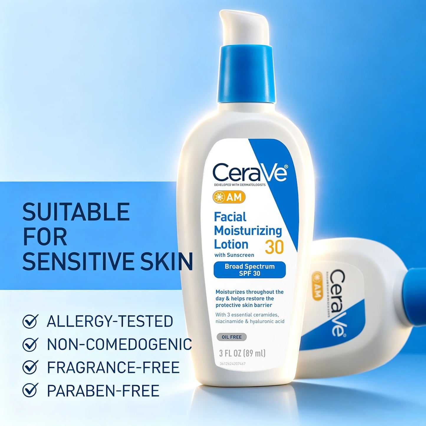 CeraVe AM Facial Moisturizing Lotion with SPF 30, Broad Spectrum Sunscreen, Hyaluronic Acid Niacinamide Ceramides, 3 Fl Oz