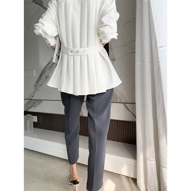 Pleated Sash Blouse — Office Lady Long Sleeve Top