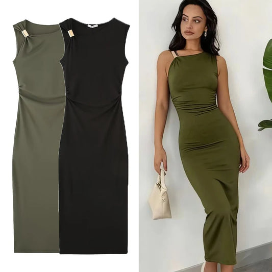 Woman Sexy Sleeveless Long Dresses Asymmetric 2025 Summer Waist Tight Dress With Metal Accessories Women Ruffled Bodycon Dresses