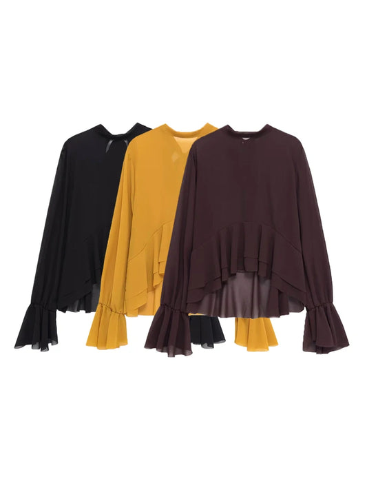 Women's Chic Semi-Sheer Asymmetric Blouse Back Bow Tied Long Sleeve Sexy Fashion Top Female Shirts