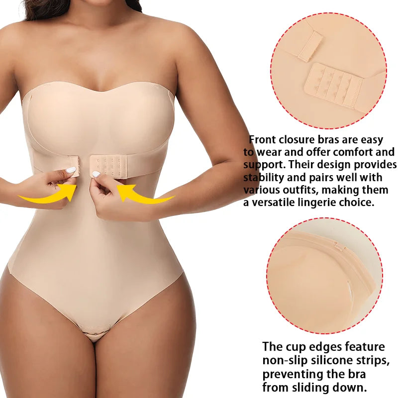 Women Sexy Shapers Bra Lifter Thong S-4XL Bodysuits Slimming Waist Invisible Front Closure Underwear Removable Strap Lingeries