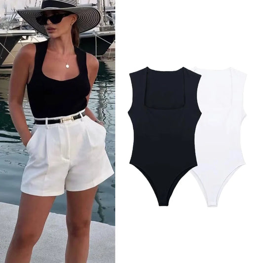 Square Neck Sleeveless Bodysuit — Bodycon Summer Top