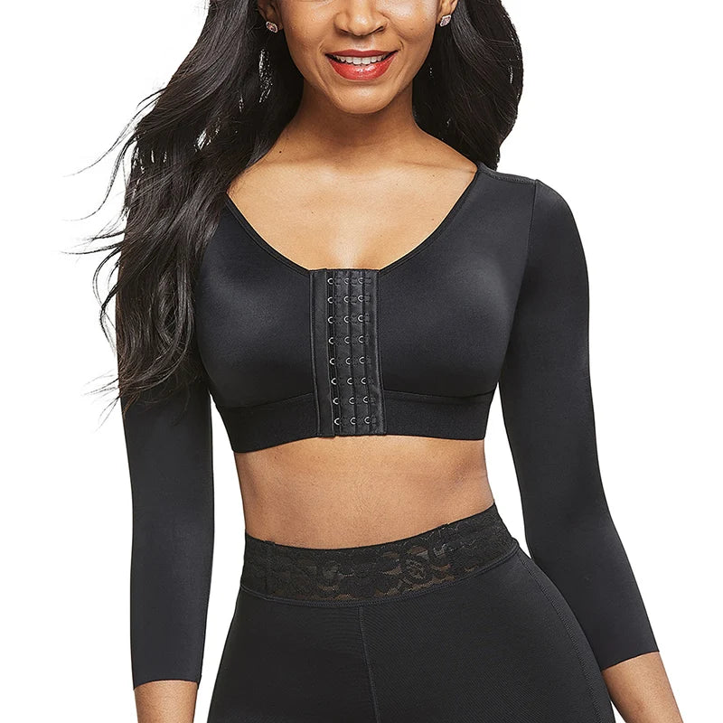 Women Arm Shapers Soft Intimates Daily Underwear Body Shaper Long Sleeves Front Entry Push Up Wire-Free Sports Bra with Hooks