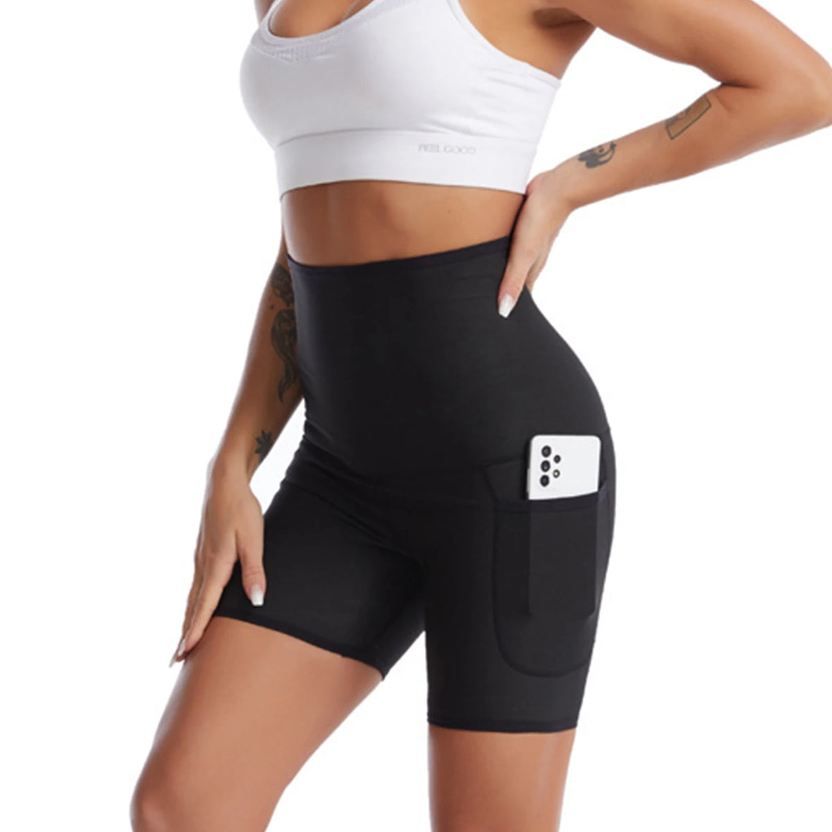 High Waist Workout Shorts Elastic Waist Tummy Workout Short Training Pockets Yoga Running Sauna Suit Sweat Slimming Body Shaper