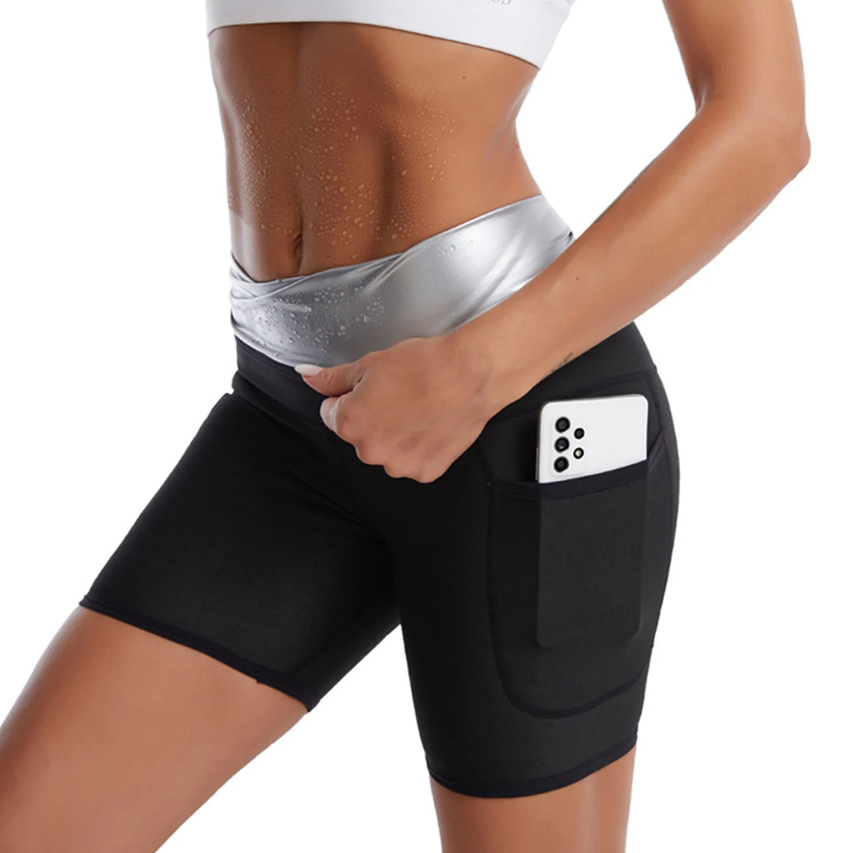 High Waist Workout Shorts Elastic Waist Tummy Workout Short Training Pockets Yoga Running Sauna Suit Sweat Slimming Body Shaper