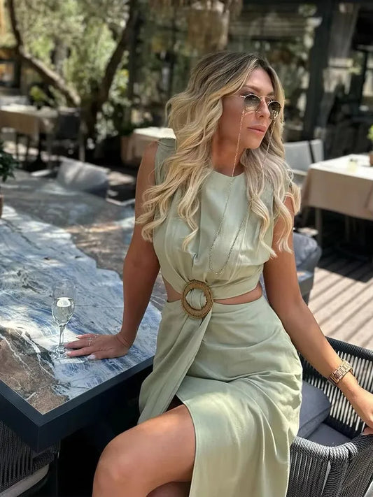 HH Women Waist Opening Design Dress Solid O Neck Sleeveless Split Dresses Slim Woman Elegant Evening Dress Vestidos Mujer