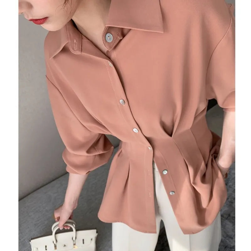 Pleated Sash Blouse — Office Lady Long Sleeve Top