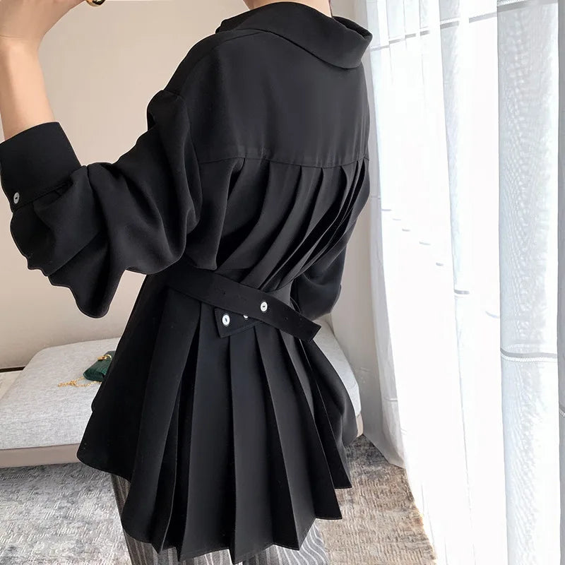 Pleated Sash Blouse — Office Lady Long Sleeve Top