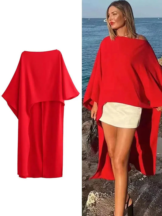 Cape Sleeve Asymmetrical Maxi Dress — Loose Casual Long Dress