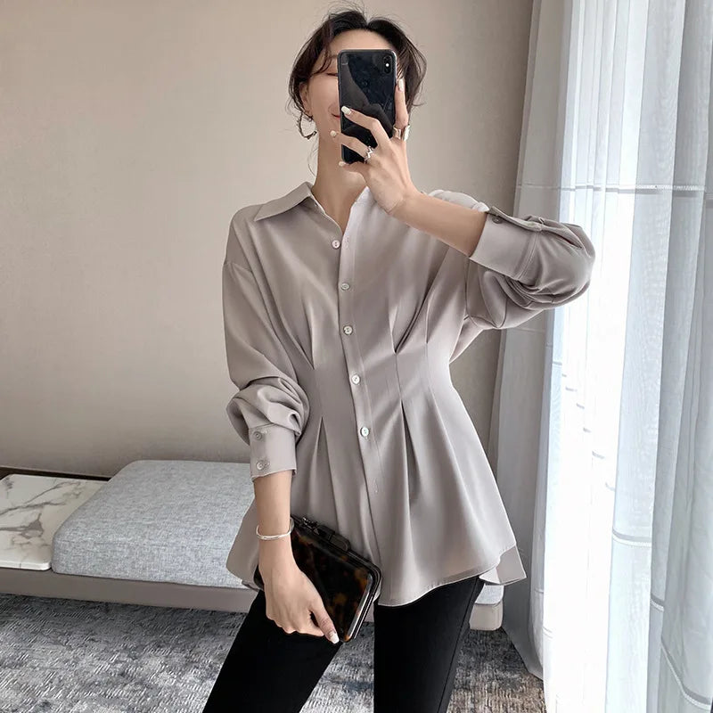 Pleated Sash Blouse — Office Lady Long Sleeve Top