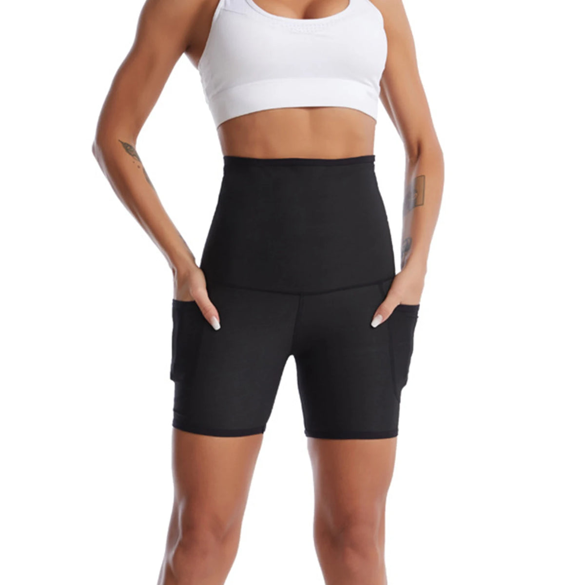 High Waist Workout Shorts Elastic Waist Tummy Workout Short Training Pockets Yoga Running Sauna Suit Sweat Slimming Body Shaper