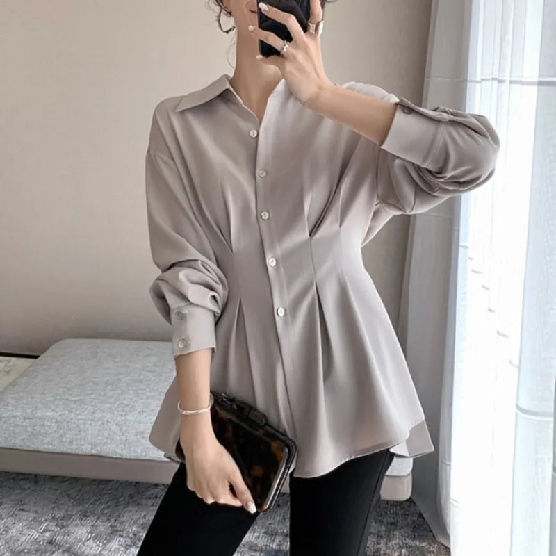 Pleated Sash Blouse — Office Lady Long Sleeve Top