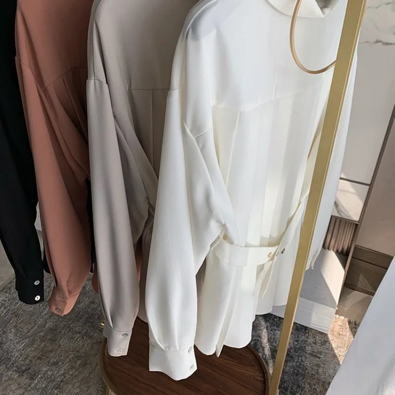 Pleated Sash Blouse — Office Lady Long Sleeve Top